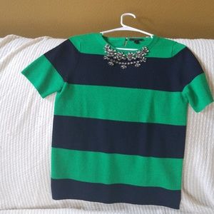 J Crew navy and green sweater with embellishments